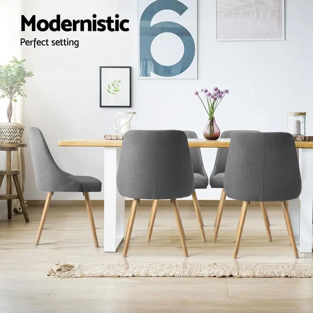 Set of 4 Grey Fabric Dining Chairs Wooden Legs Modern Upholstered Kitchen Chairs