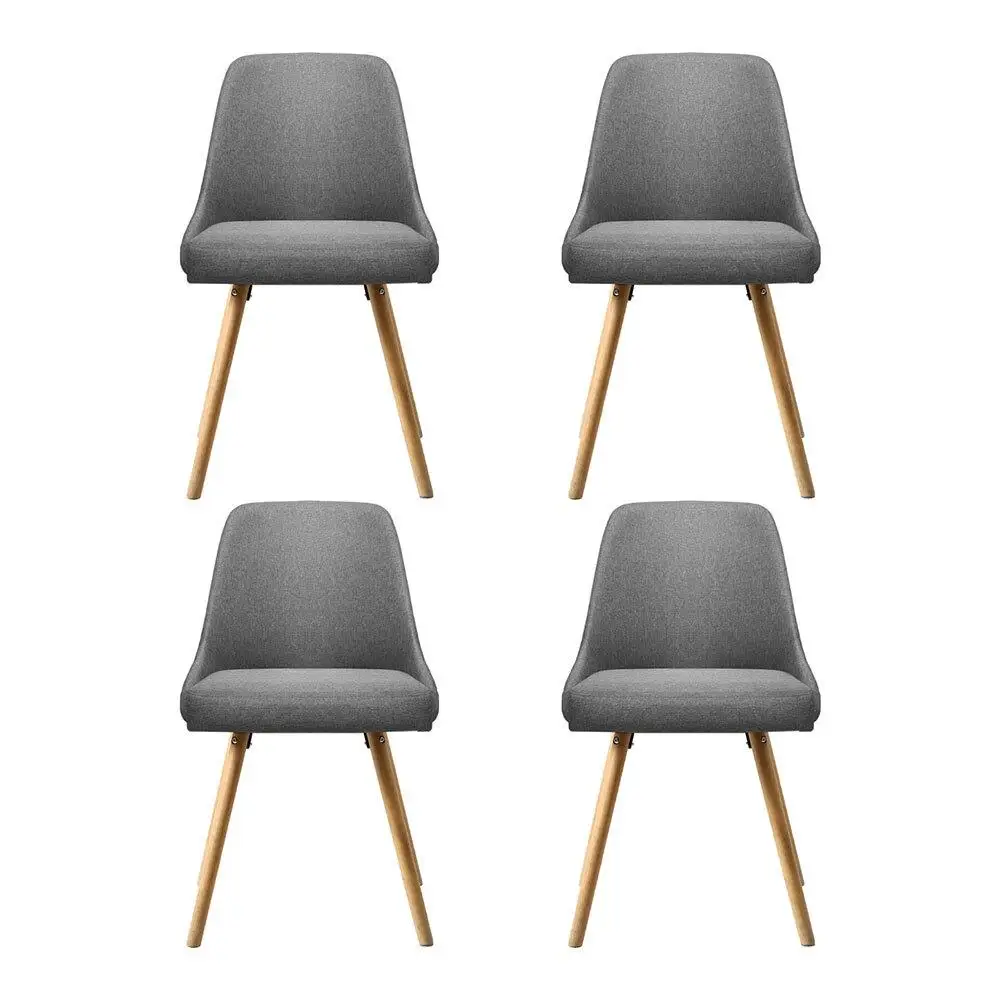 Set of 4 Grey Fabric Dining Chairs Wooden Legs Modern Upholstered Kitchen Chairs