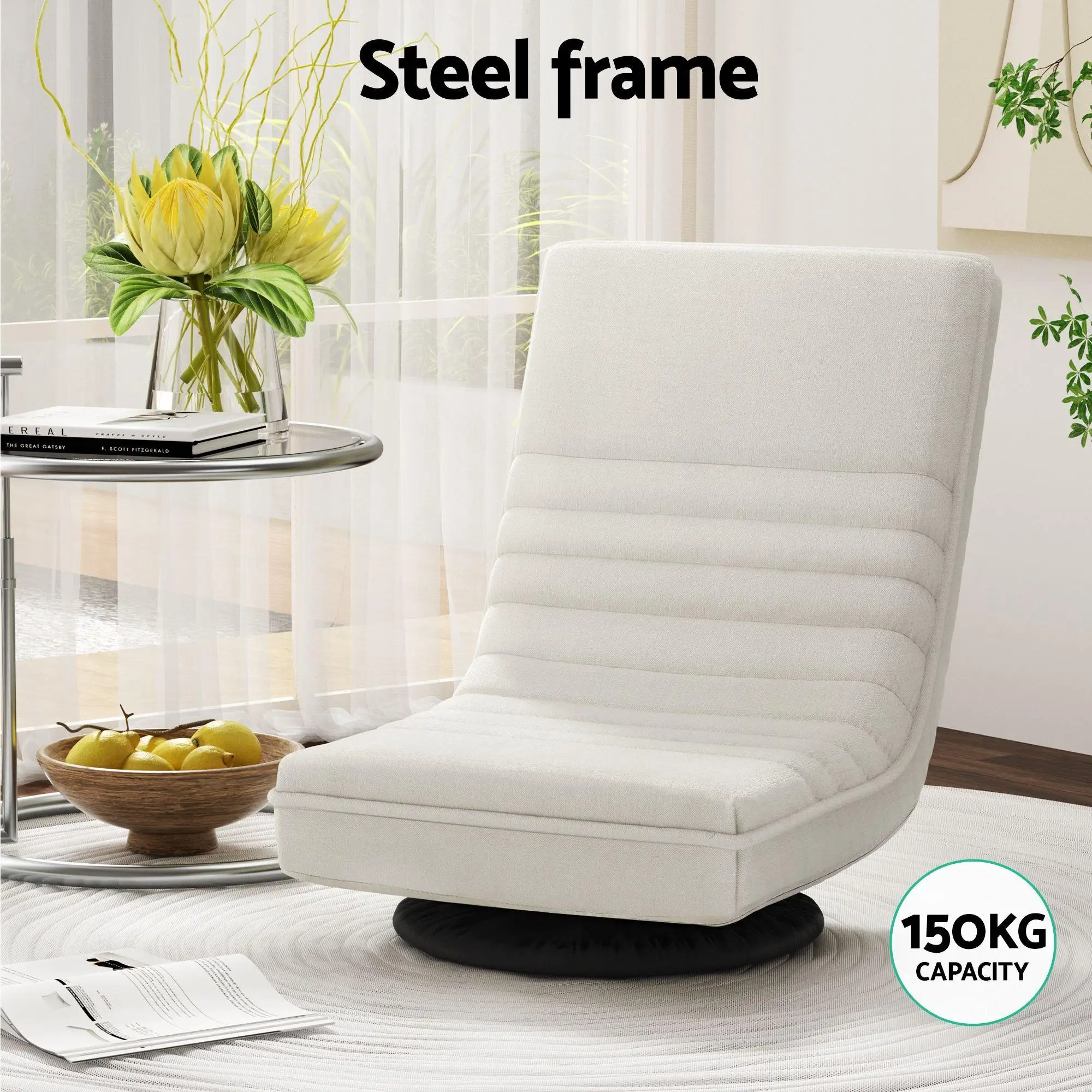 Swivel Floor Chair with Bedside Table and Charging Station Set Modern Lounge Seating for Bedroom Living Room Portable Comfortable Space Saving Furniture