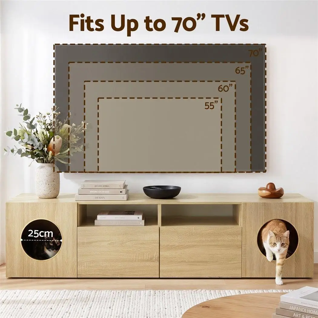 185CM Pine TV Unit with Cat House Storage Cabinet Modern Living Room Media Console Wooden Entertainment Center Sideboard