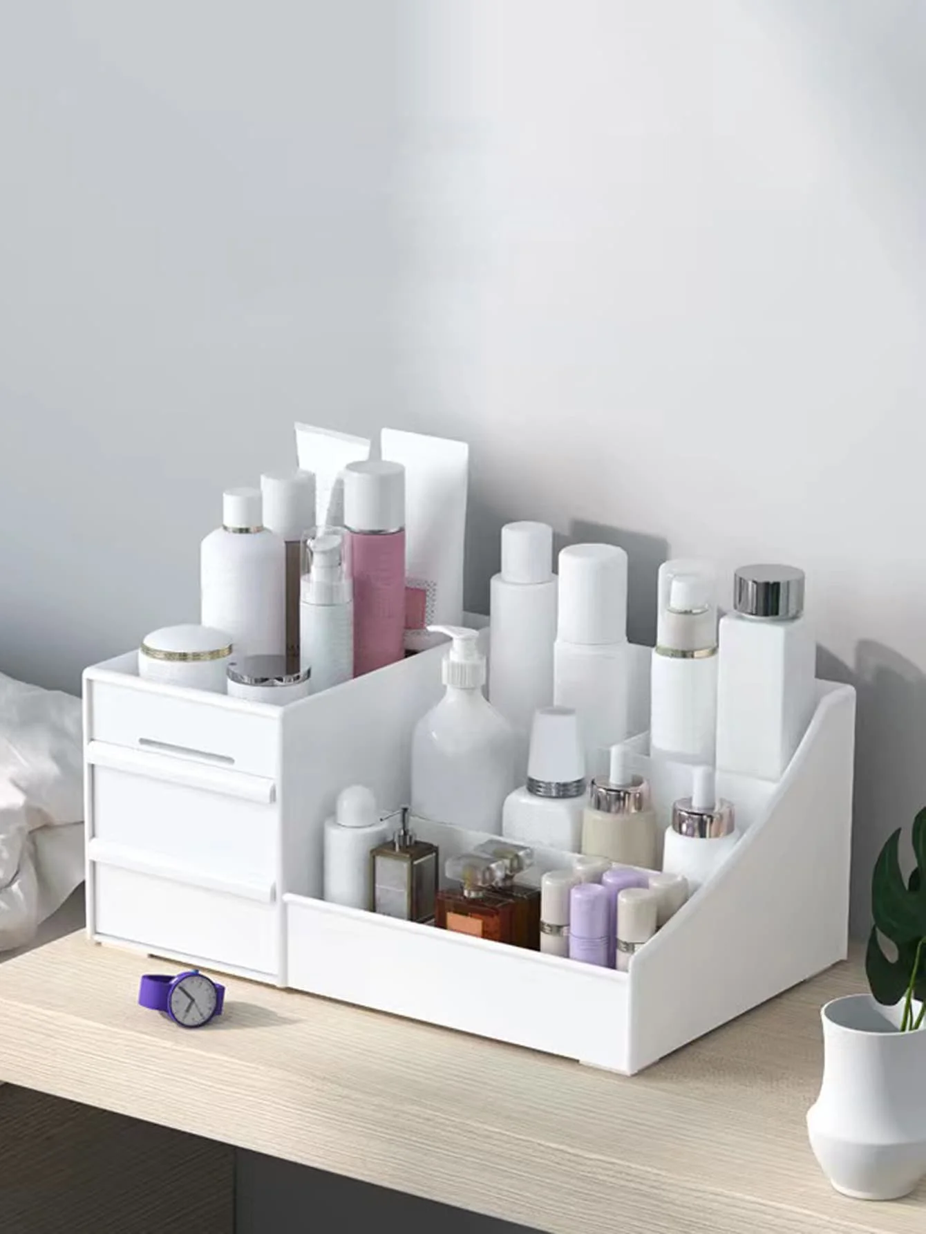 Large Capacity Cosmetic Storage Box, Makeup Organizer With Drawers, Countertop Vanity Holder For Lipstick Brushes Lotions