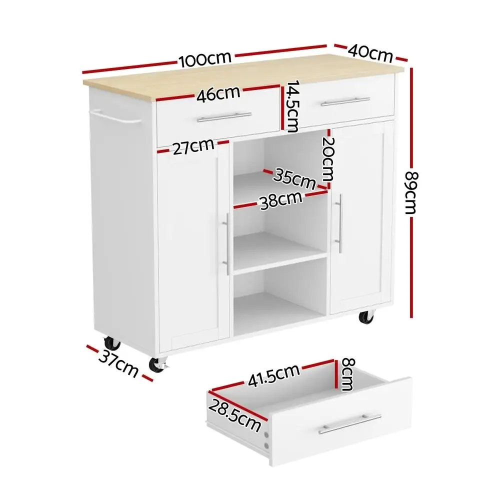 Kitchen Island Trolley Rolling Serving Cart with Storage Drawer Cabinet 100cm White