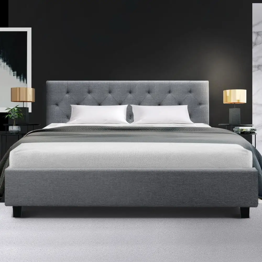 Queen Size Grey Upholstered Bed Frame with Storage Headboard Platform Mattress Support Modern Bedroom Furniture