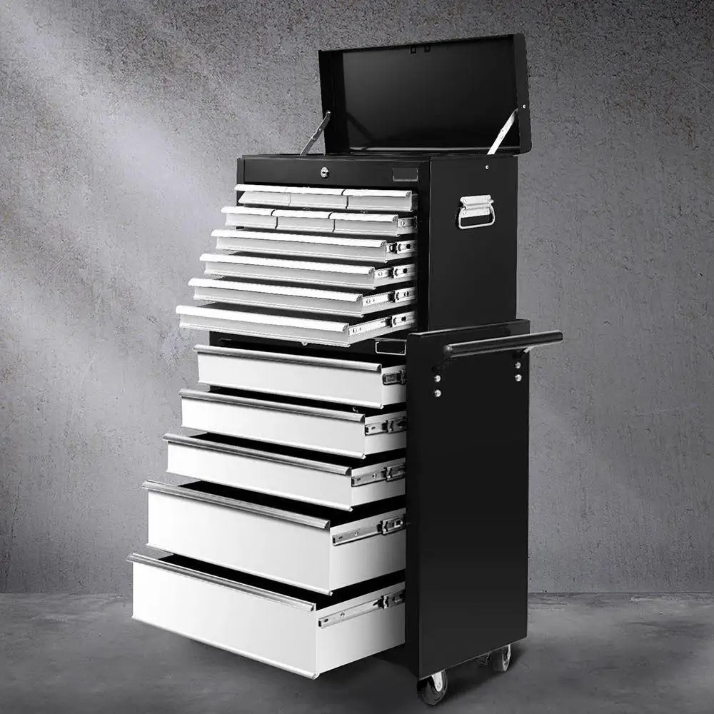 15 Drawers 2 in 1 Tool Chest Trolley Toolbox Black and Grey Storage Cabinet