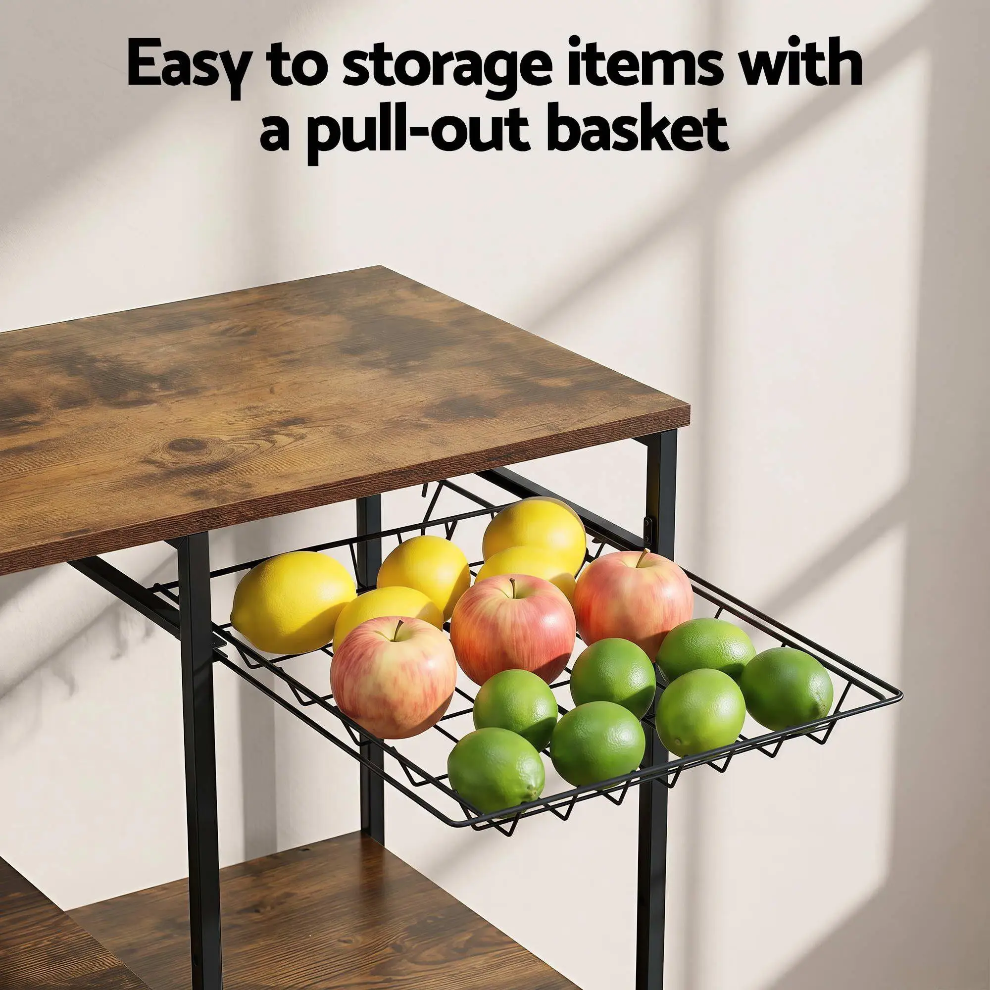 4 Tier Kitchen Storage Rack with Pull Out Basket 6 Hooks Microwave Stand Shelf