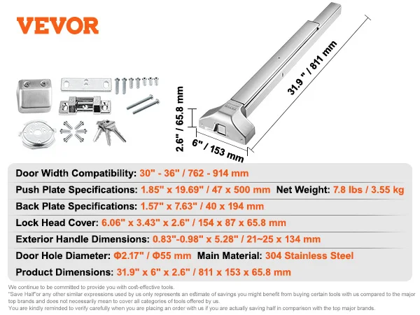 SucceBuy Push Bar Door Locks Stainless Steel Bars for Exit Doors with Exterior Lever Push Bar Panic Exit Device Door Hardware
