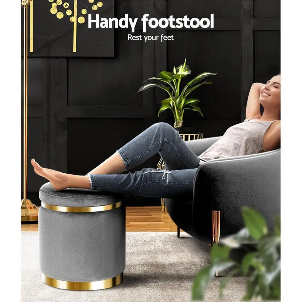 Round Velvet Ottoman Foot Stool Charcoal Plush Padded Accent Seat for Living Room Bedroom Storage Bench Style