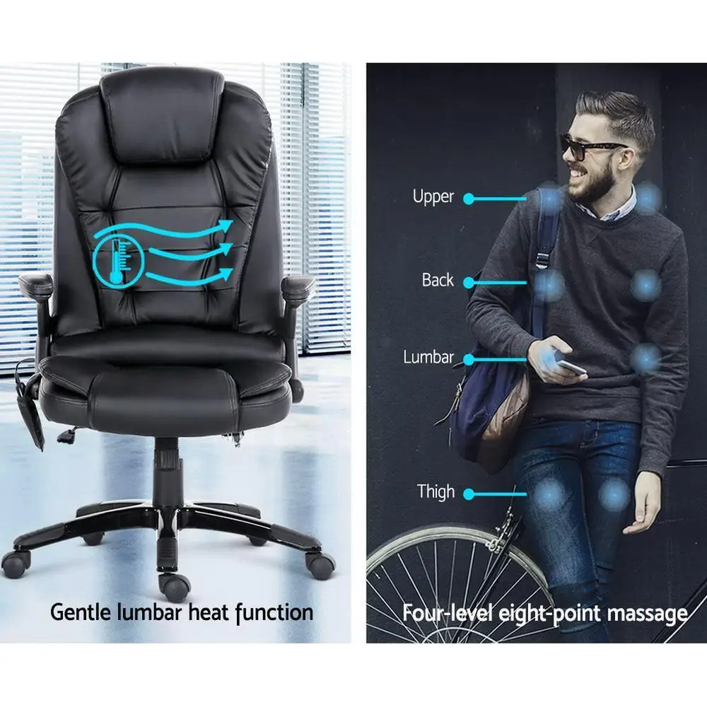 8 Point Massage Office Chair Heated Seat Recliner PU Leather Black Ergonomic Comfort Relaxation Chair for Home Office Use