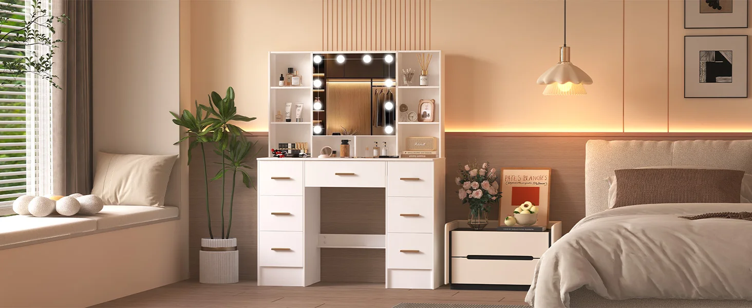 LED Light Bulbs Dressing Table with Mirror 7 Drawers Makeup Vanity Desk Organizer for Bedroom Storage