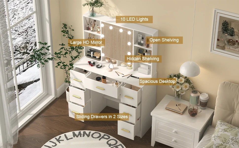 LED Light Bulbs Dressing Table with Mirror 7 Drawers Makeup Vanity Desk Organizer for Bedroom Storage