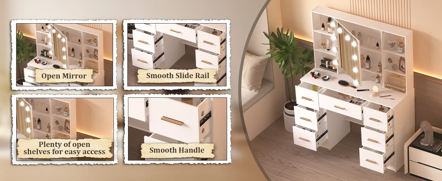 LED Light Bulbs Dressing Table with Mirror 7 Drawers Makeup Vanity Desk Organizer for Bedroom Storage