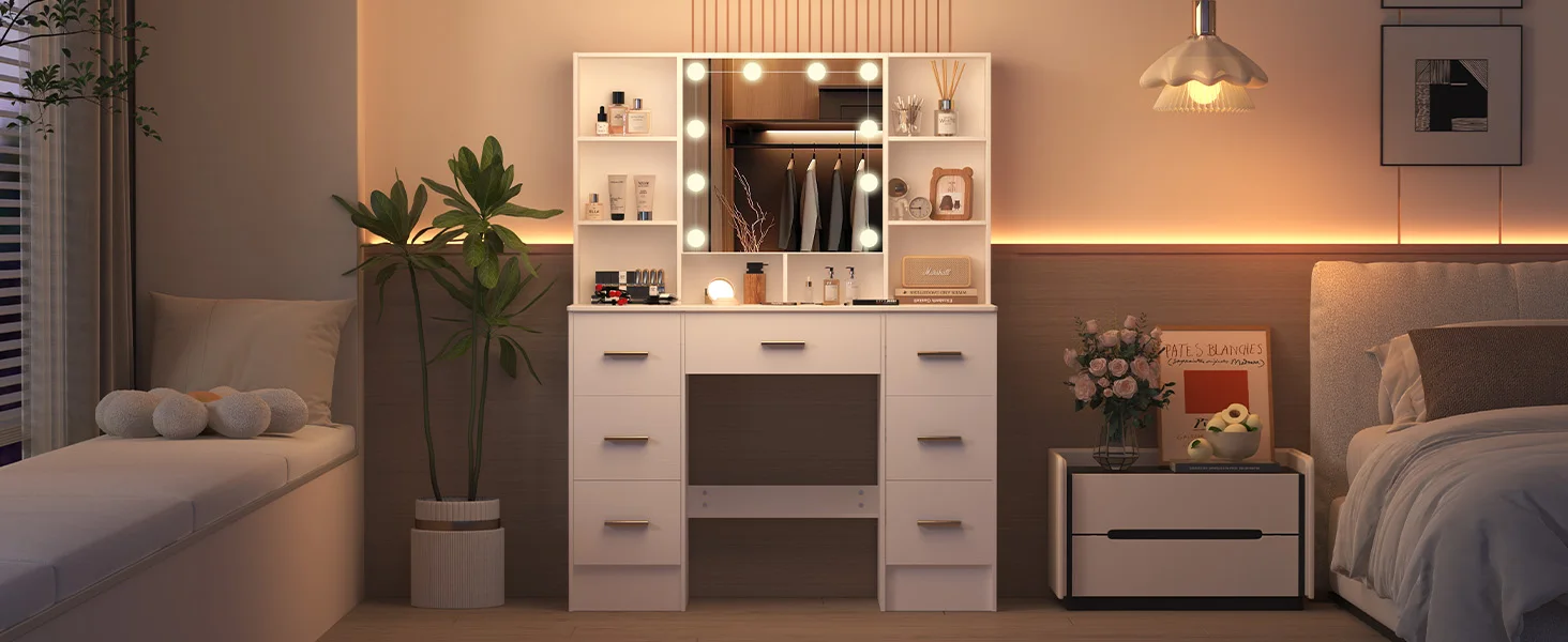 LED Light Bulbs Dressing Table with Mirror 7 Drawers Makeup Vanity Desk Organizer for Bedroom Storage