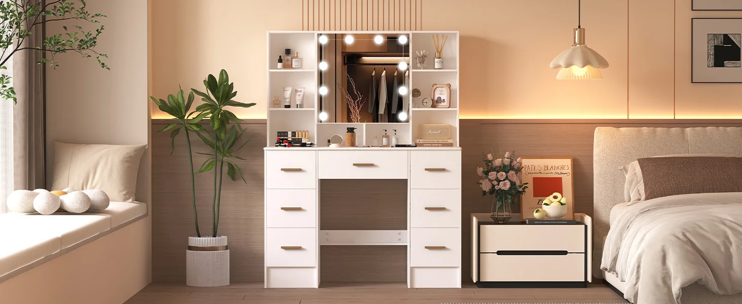 LED Light Bulbs Dressing Table with Mirror 7 Drawers Makeup Vanity Desk Organizer for Bedroom Storage