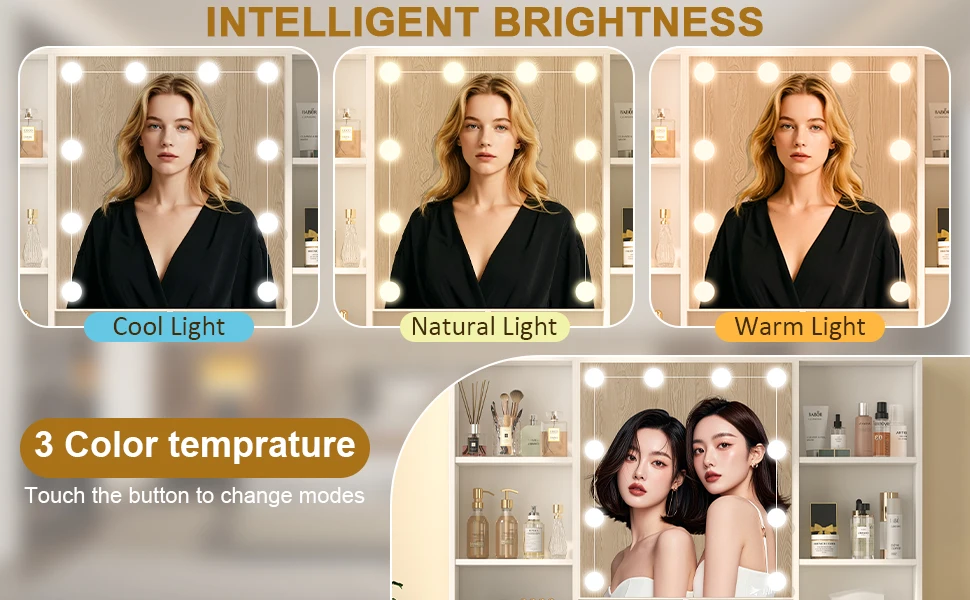 LED Light Bulbs Dressing Table with Mirror 7 Drawers Makeup Vanity Desk Organizer for Bedroom Storage