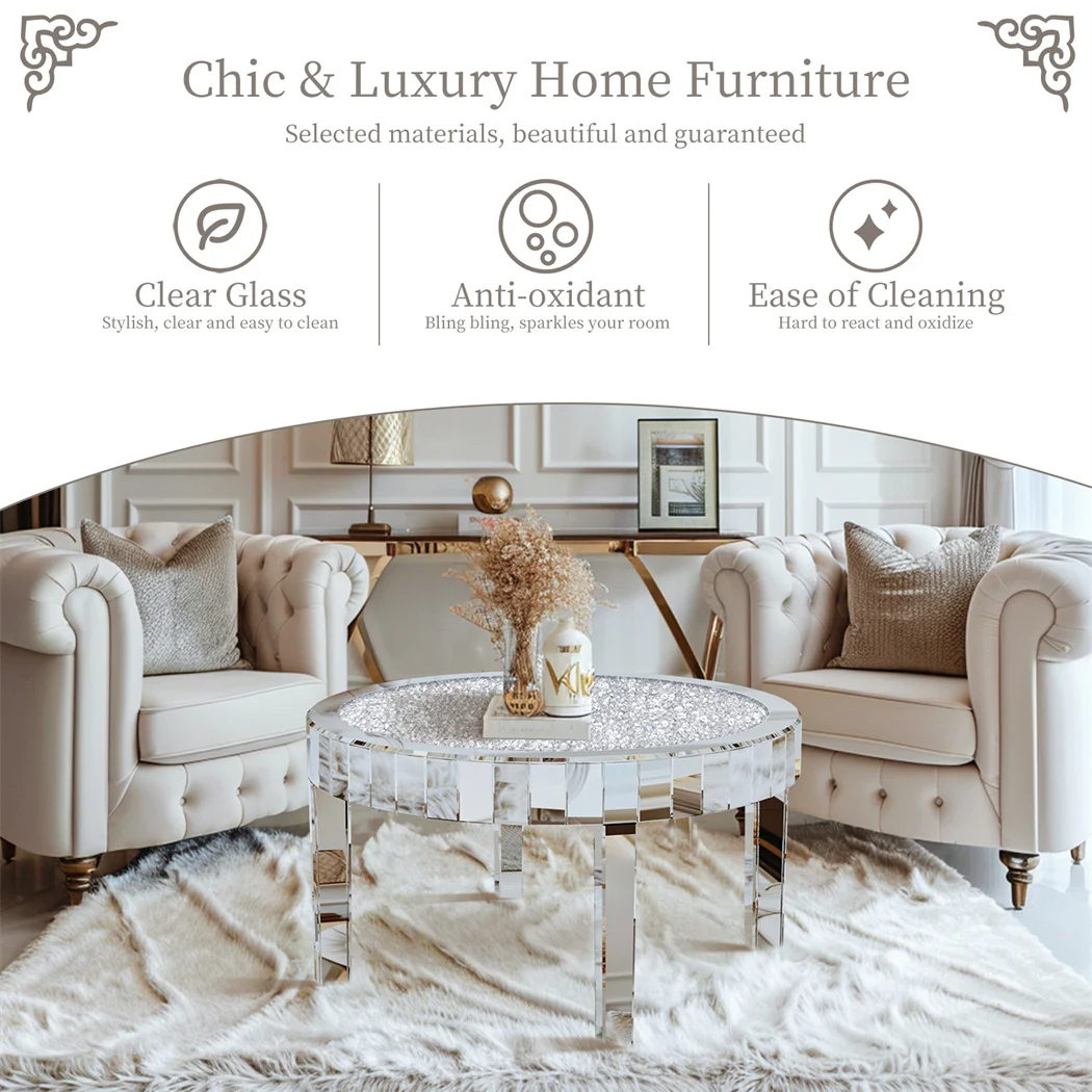 Luxury Silver Mirror Coffee Table with Crystal Diamonds Inlay Round Accent Side Table for Living Room Bedroom