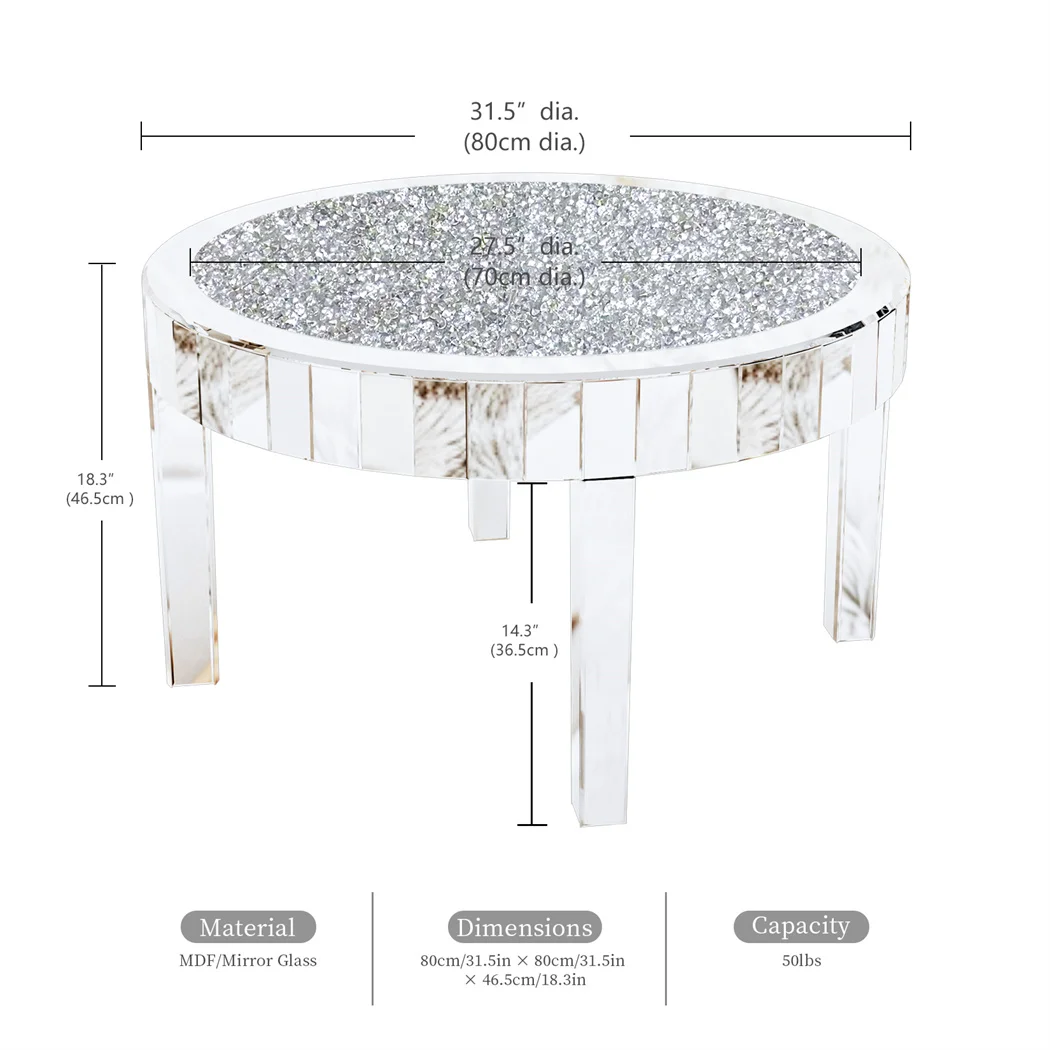 Luxury Silver Mirror Coffee Table with Crystal Diamonds Inlay Round Accent Side Table for Living Room Bedroom