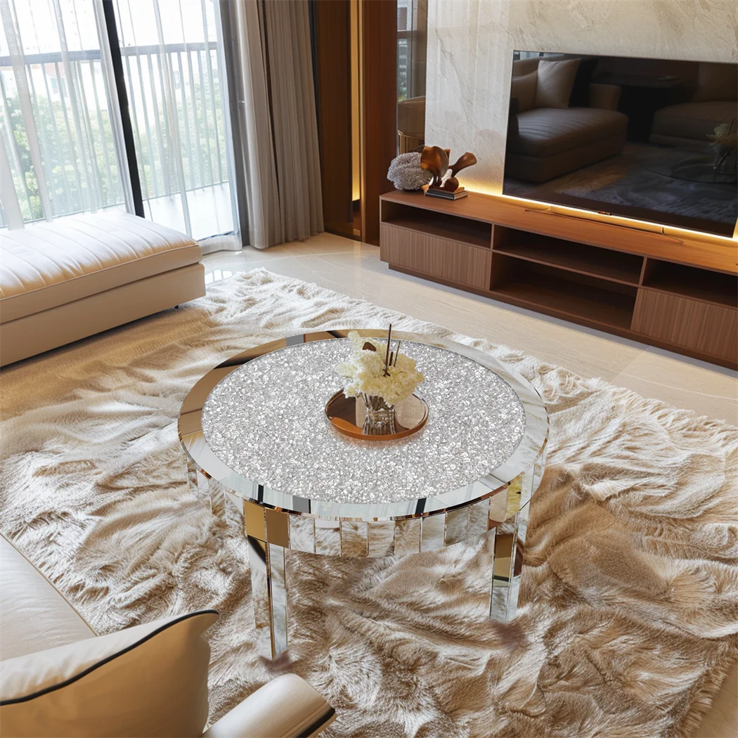 Luxury Silver Mirror Coffee Table with Crystal Diamonds Inlay Round Accent Side Table for Living Room Bedroom