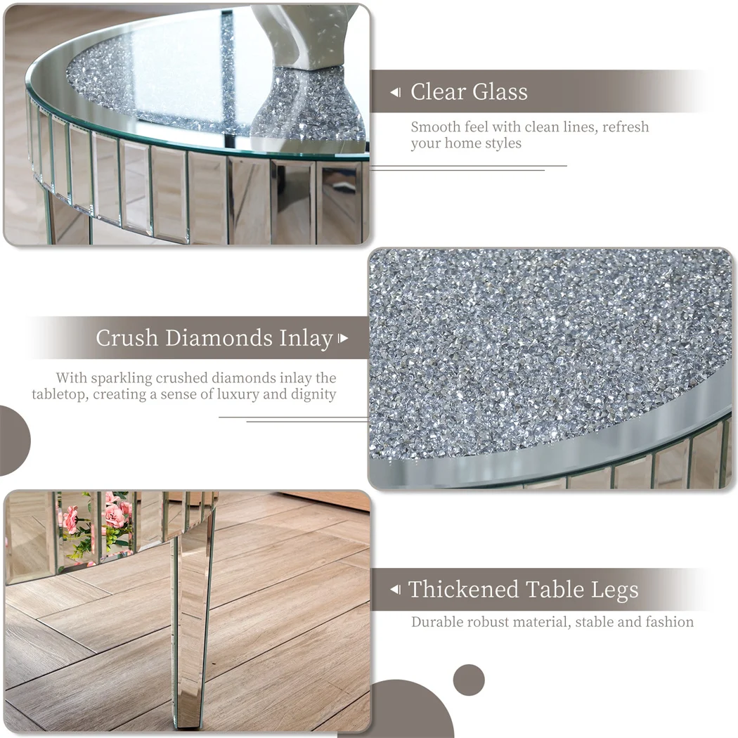Luxury Silver Mirror Coffee Table with Crystal Diamonds Inlay Round Accent Side Table for Living Room Bedroom