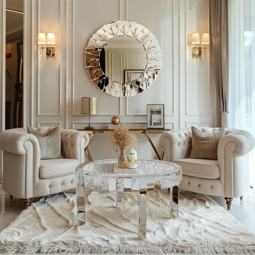 Luxury Silver Mirror Coffee Table with Crystal Diamonds Inlay Round Accent Side Table for Living Room Bedroom
