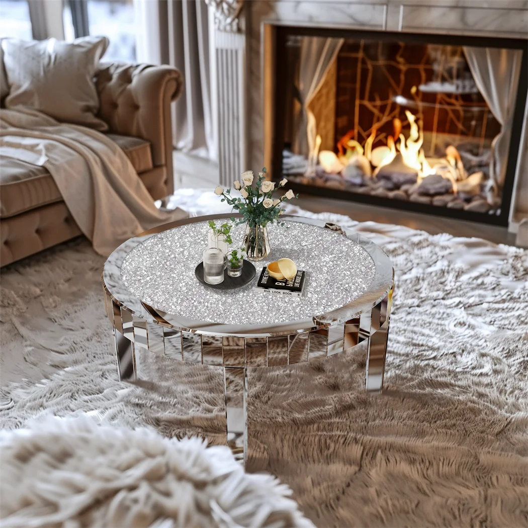 Luxury Silver Mirror Coffee Table with Crystal Diamonds Inlay Round Accent Side Table for Living Room Bedroom
