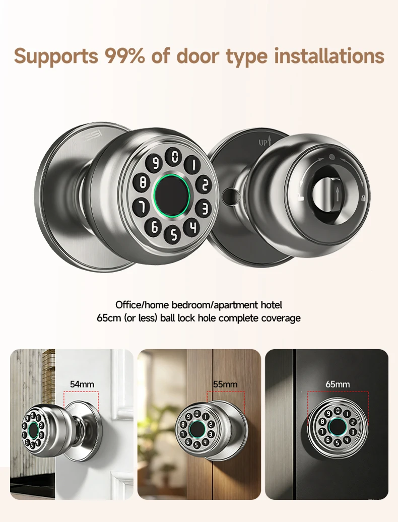 ICCSSI Spherical Lock Tuya Smart Lock Digital Electronic Lock Unlock Fingerprint/Password/Key/Bluetooth for Airbnb Home K10CPLUS