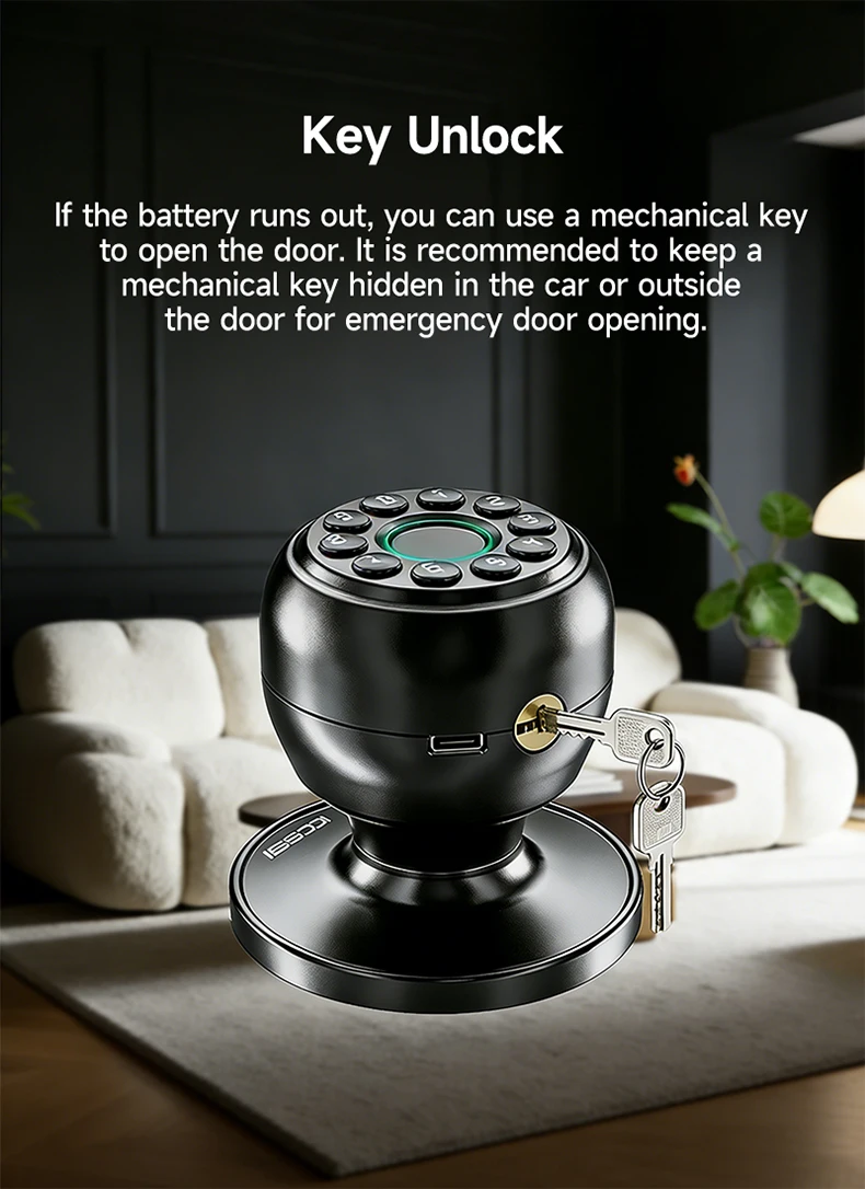 ICCSSI Spherical Lock Tuya Smart Lock Digital Electronic Lock Unlock Fingerprint/Password/Key/Bluetooth for Airbnb Home K10CPLUS