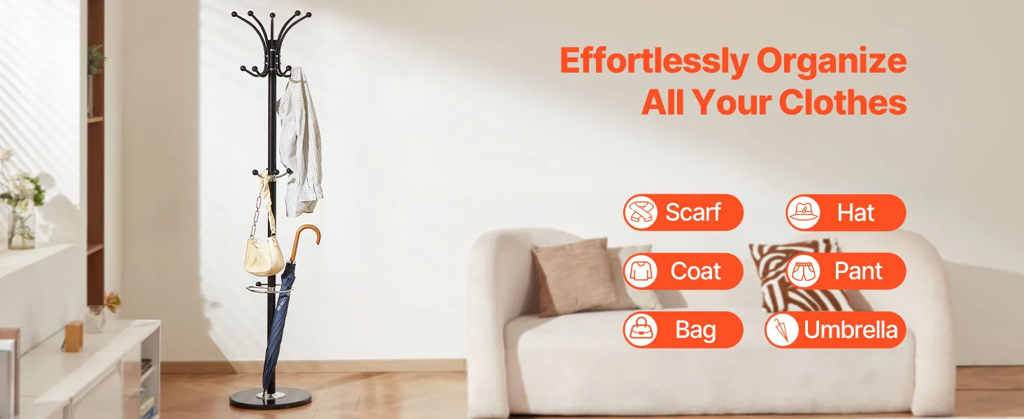 SucceBuy Freestanding Coat Rack Metal Coats Rack Stand with Umbrella Holder Marble Base &14 Hooks Hall Coat Tree for Living Room