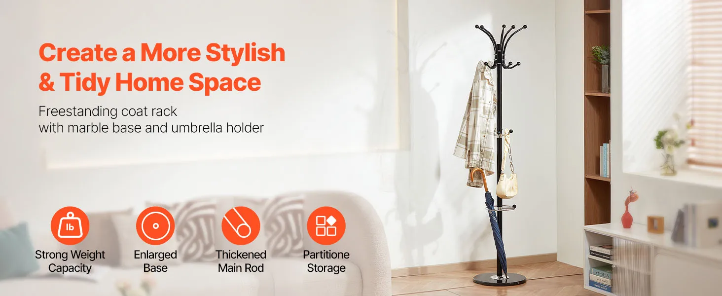 SucceBuy Freestanding Coat Rack Metal Coats Rack Stand with Umbrella Holder Marble Base &14 Hooks Hall Coat Tree for Living Room