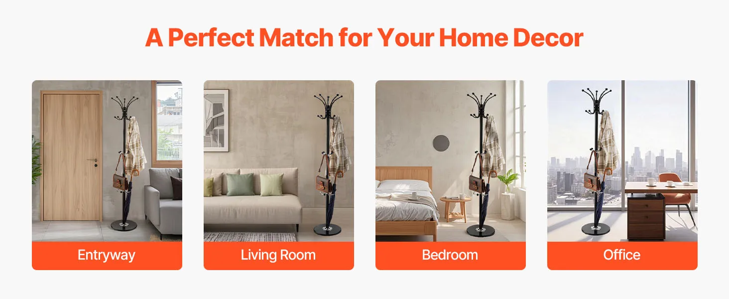 SucceBuy Freestanding Coat Rack Metal Coats Rack Stand with Umbrella Holder Marble Base &14 Hooks Hall Coat Tree for Living Room