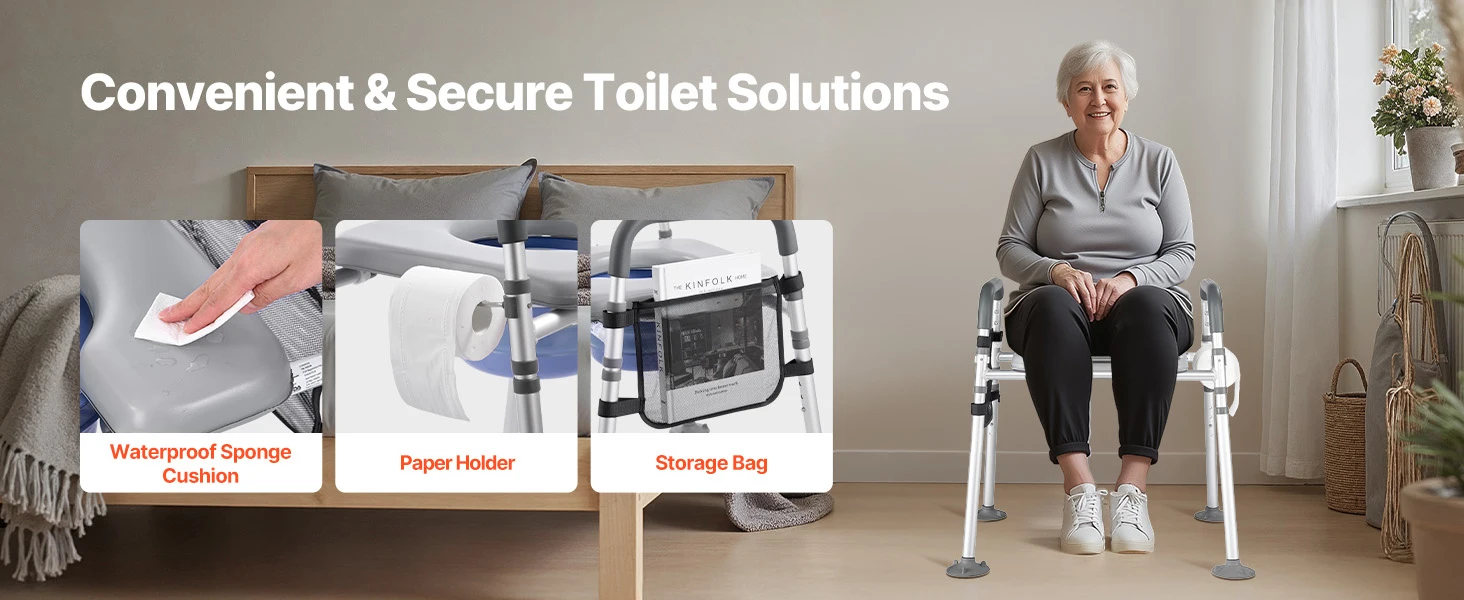 SucceBuy Bedside Commode Chair 500 lbs 4-in-1 Toilet and Raised Toilet Seat with Padded Seat Detachable 5L Bucket for Seniors