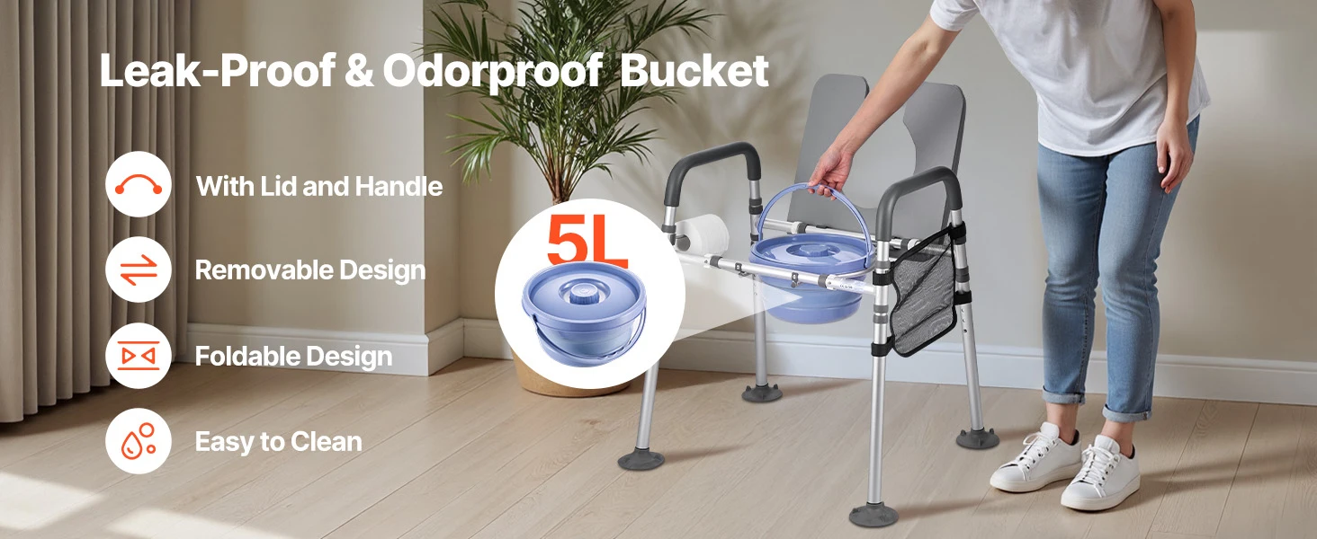 SucceBuy Bedside Commode Chair 500 lbs 4-in-1 Toilet and Raised Toilet Seat with Padded Seat Detachable 5L Bucket for Seniors