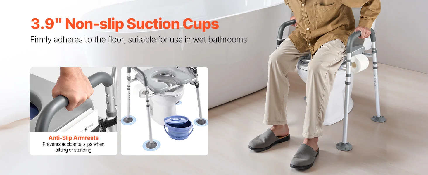 SucceBuy Bedside Commode Chair 500 lbs 4-in-1 Toilet and Raised Toilet Seat with Padded Seat Detachable 5L Bucket for Seniors