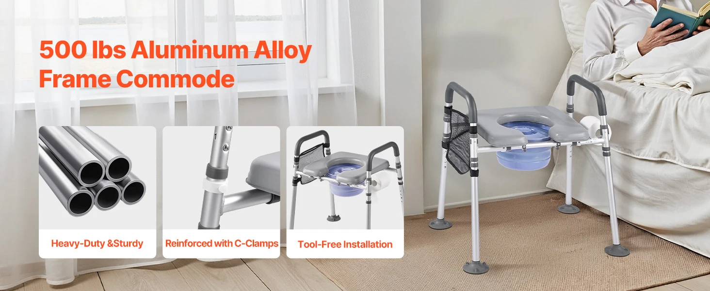 SucceBuy Bedside Commode Chair 500 lbs 4-in-1 Toilet and Raised Toilet Seat with Padded Seat Detachable 5L Bucket for Seniors