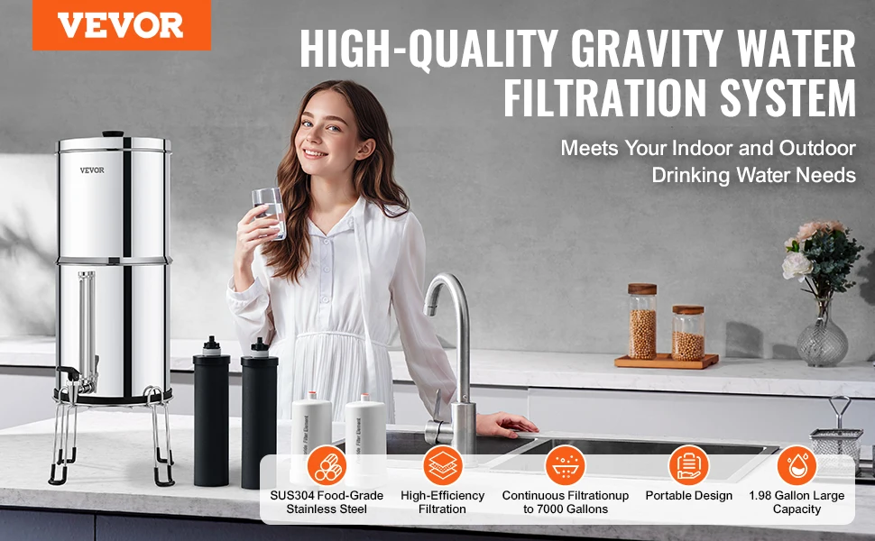 VEVOR Gravity-fed Water Filter System 2.25G 304 Stainless-Steel Countertop Filtration System with 2 Activated Carbon Filter