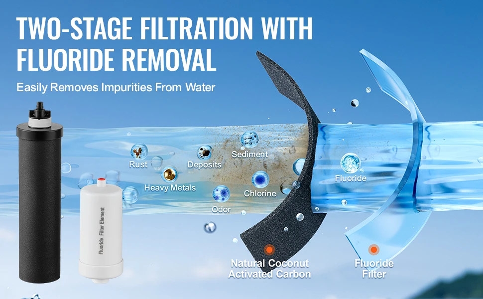VEVOR Gravity-fed Water Filter System 2.25G 304 Stainless-Steel Countertop Filtration System with 2 Activated Carbon Filter