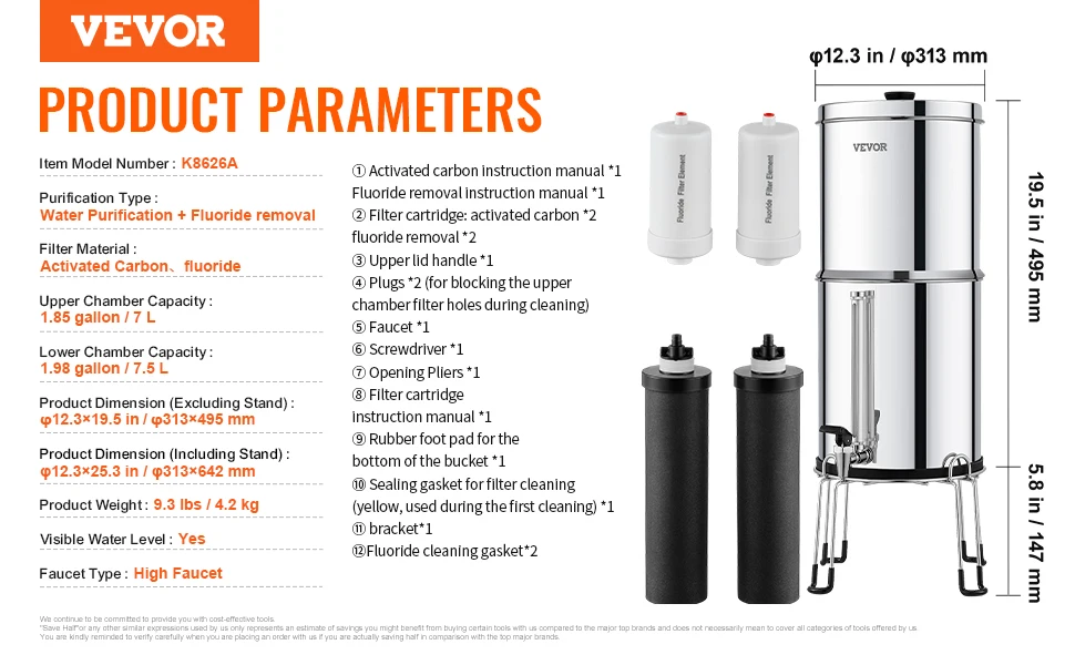 VEVOR Gravity-fed Water Filter System 2.25G 304 Stainless-Steel Countertop Filtration System with 2 Activated Carbon Filter