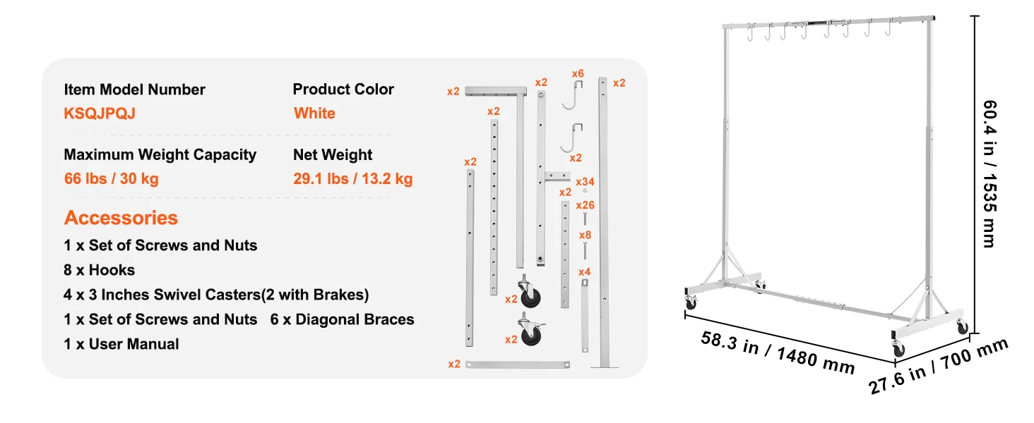 SucceBuy 66 lbs Painting Drying Rack 5-7ft Adjustable Height Automotive Paint Rack Stand with 8 Hooks for Auto Repair Shops