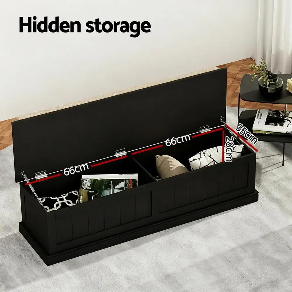 140cm Fluted Black Storage Ottoman Blanket Box Upholstered Bench Seat Shoe Storage Organizer for Bedroom Living Room Extra Large Capacity