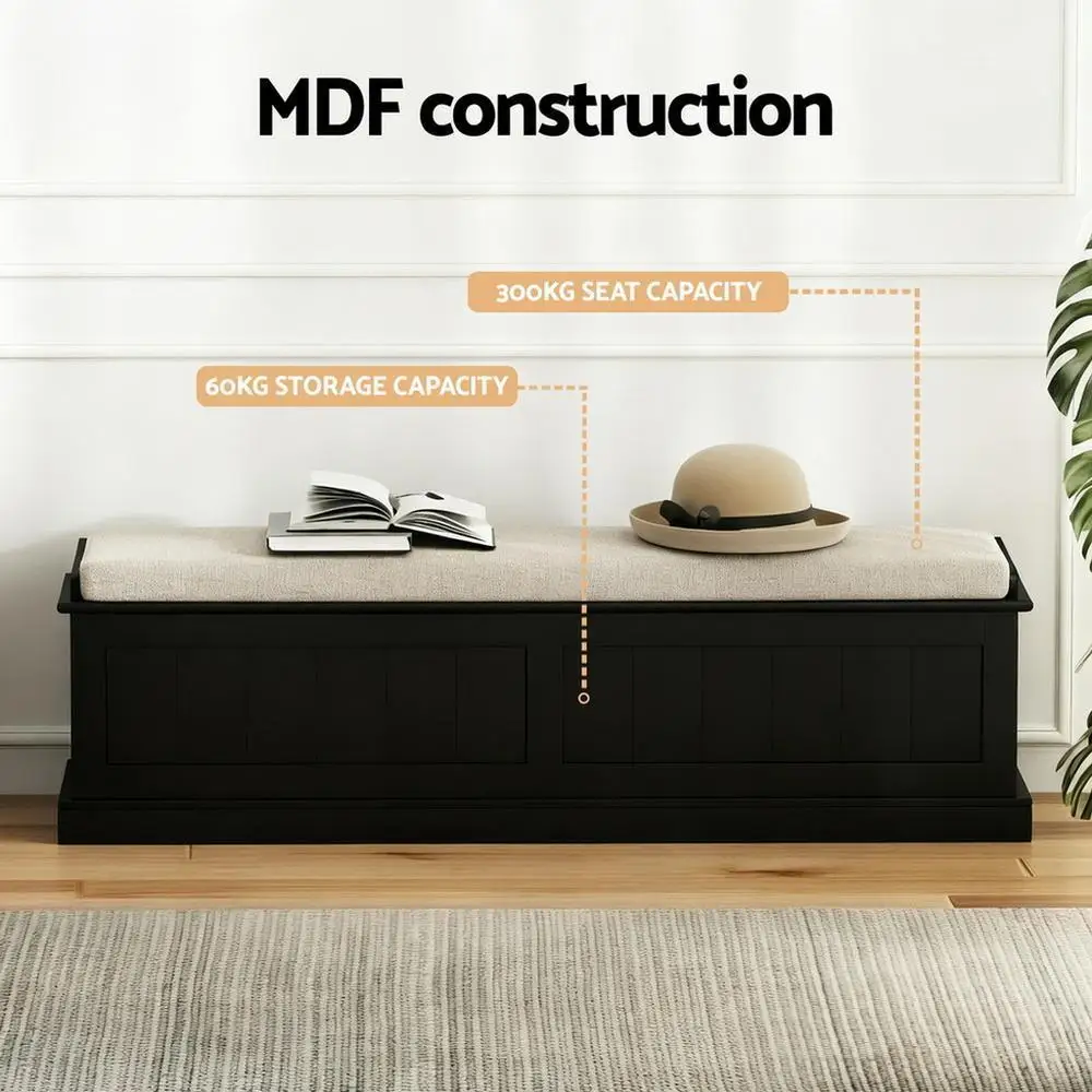 140cm Fluted Black Storage Ottoman Blanket Box Upholstered Bench Seat Shoe Storage Organizer for Bedroom Living Room Extra Large Capacity