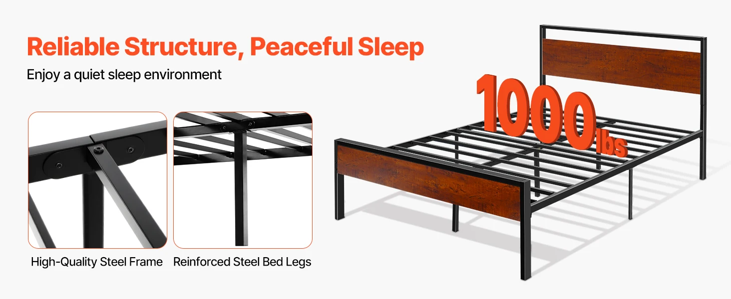SucceBuy Bed Frame 14Inch Black Metal Platform Bed Frame with Retro Brown Wooden Headboard and Footboard Large Under-Bed Storage