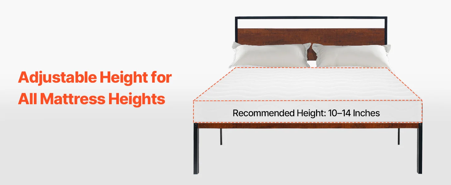 SucceBuy Bed Frame 14Inch Black Metal Platform Bed Frame with Retro Brown Wooden Headboard and Footboard Large Under-Bed Storage