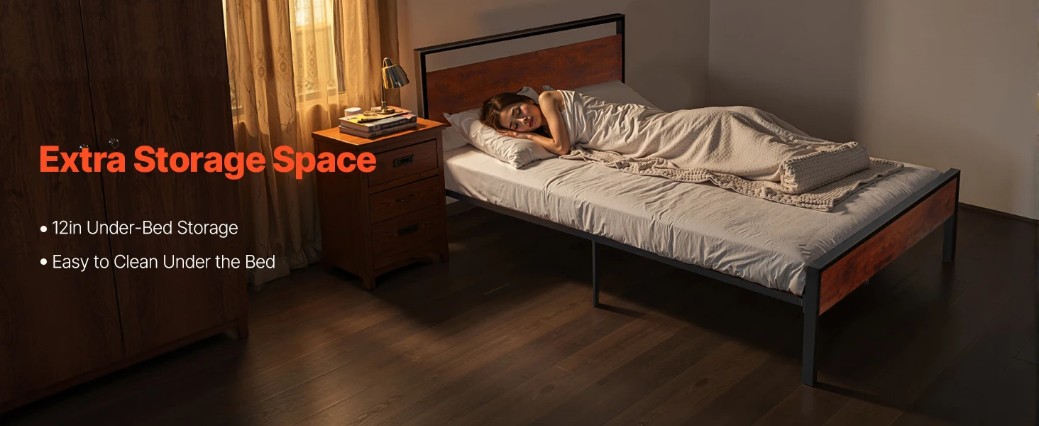 SucceBuy Bed Frame 14Inch Black Metal Platform Bed Frame with Retro Brown Wooden Headboard and Footboard Large Under-Bed Storage