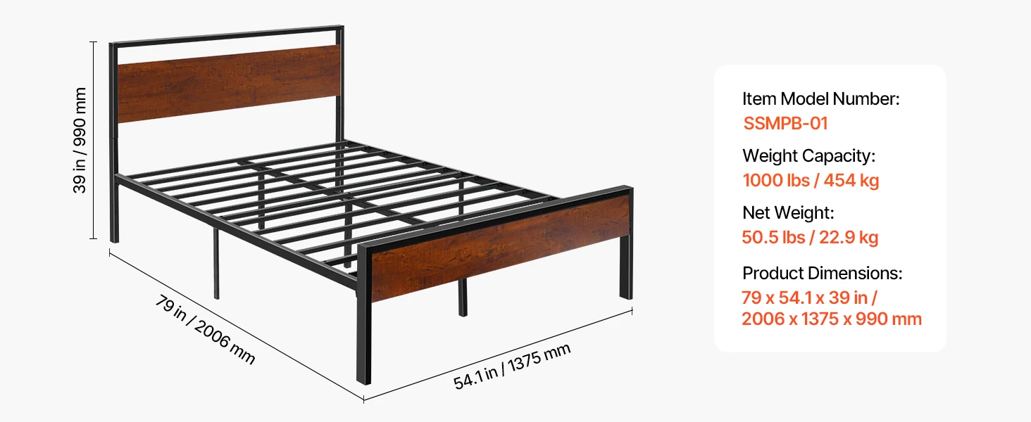 SucceBuy Bed Frame 14Inch Black Metal Platform Bed Frame with Retro Brown Wooden Headboard and Footboard Large Under-Bed Storage