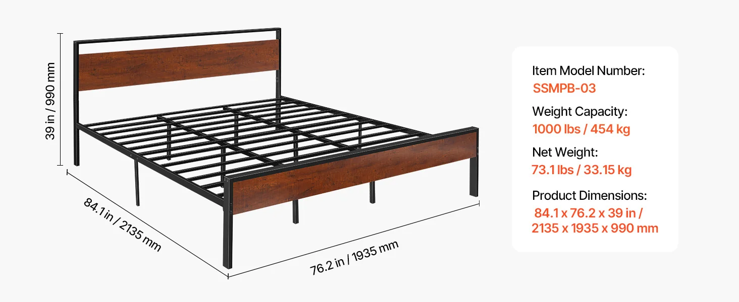 SucceBuy Bed Frame 14Inch Black Metal Platform Bed Frame with Retro Brown Wooden Headboard and Footboard Large Under-Bed Storage