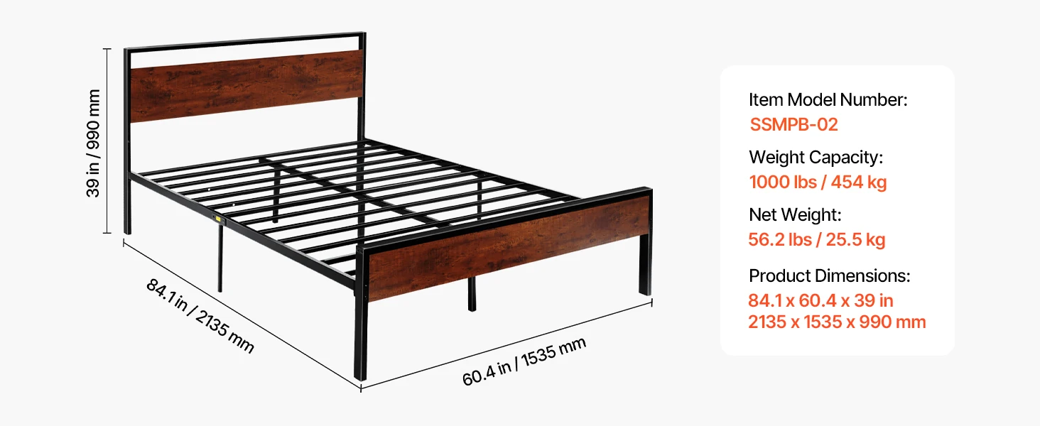 SucceBuy Bed Frame 14Inch Black Metal Platform Bed Frame with Retro Brown Wooden Headboard and Footboard Large Under-Bed Storage