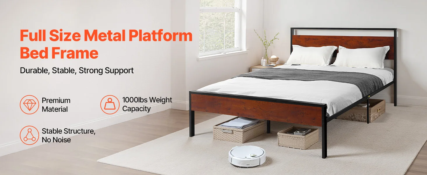 SucceBuy Bed Frame 14Inch Black Metal Platform Bed Frame with Retro Brown Wooden Headboard and Footboard Large Under-Bed Storage