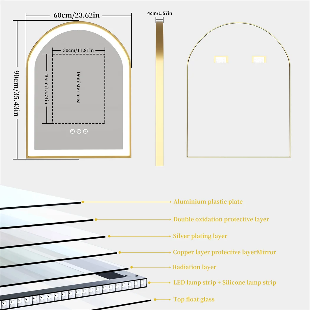 LUVODI Arch Framed LED Bathroom Mirror High-End Wall Mounted Toilet Washroom Dressing Makeup Mirror with Demister