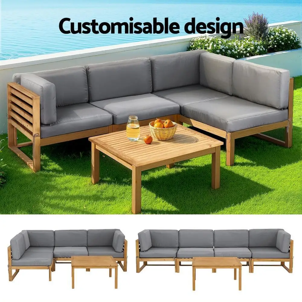 4 Piece Outdoor Wooden Sofa Set Patio Lounge Furniture with Coffee Table and Cushions