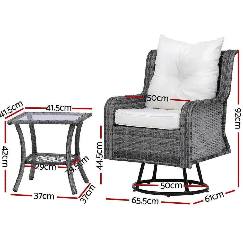3 Piece Outdoor Furniture Bistro Set Grey Wicker Swivel Chairs with Table and Cushions Patio Garden Conversation Set
