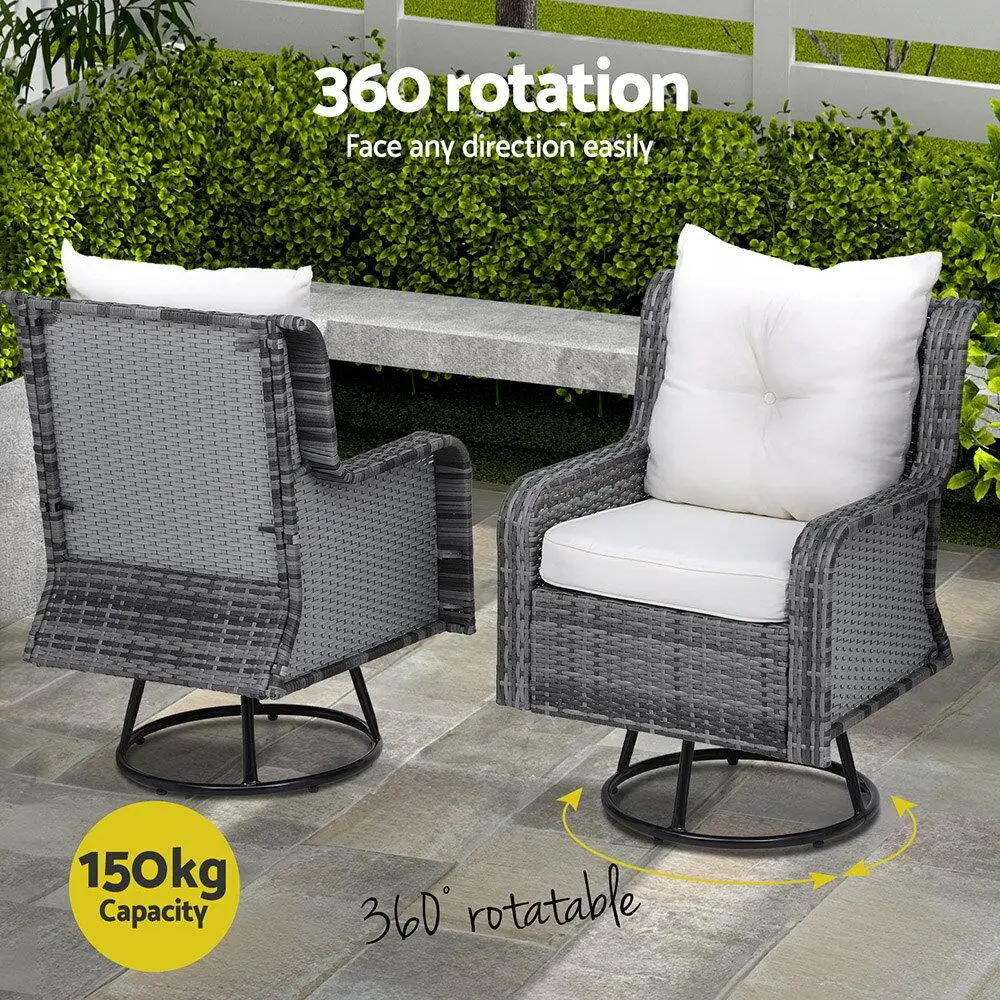3 Piece Outdoor Furniture Bistro Set Grey Wicker Swivel Chairs with Table and Cushions Patio Garden Conversation Set